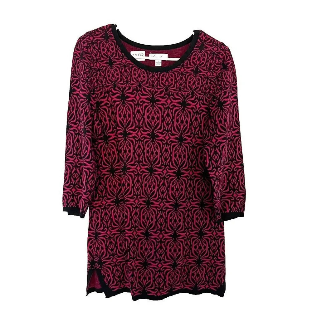 Kim Rogers Womens Red Black Sweater Tunic Large Knit Geometric Slit Long Sleeve
